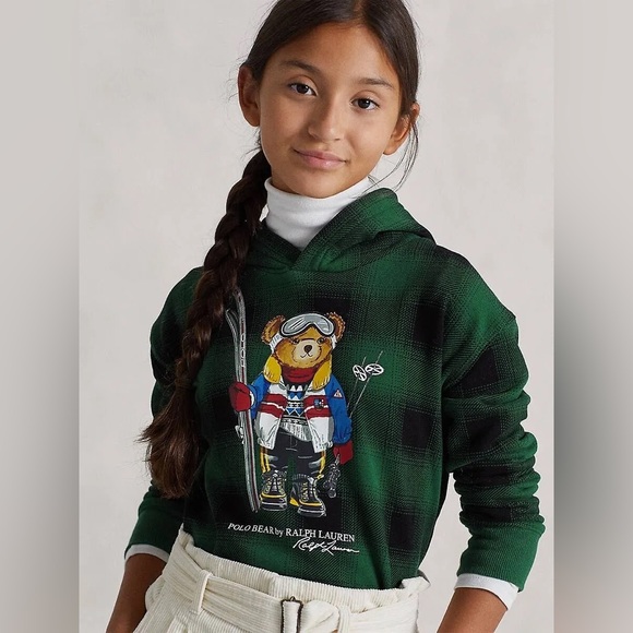 Polo Ralph Lauren ski Bear green plaid soft fleece hooded hoodie sweatsh…
